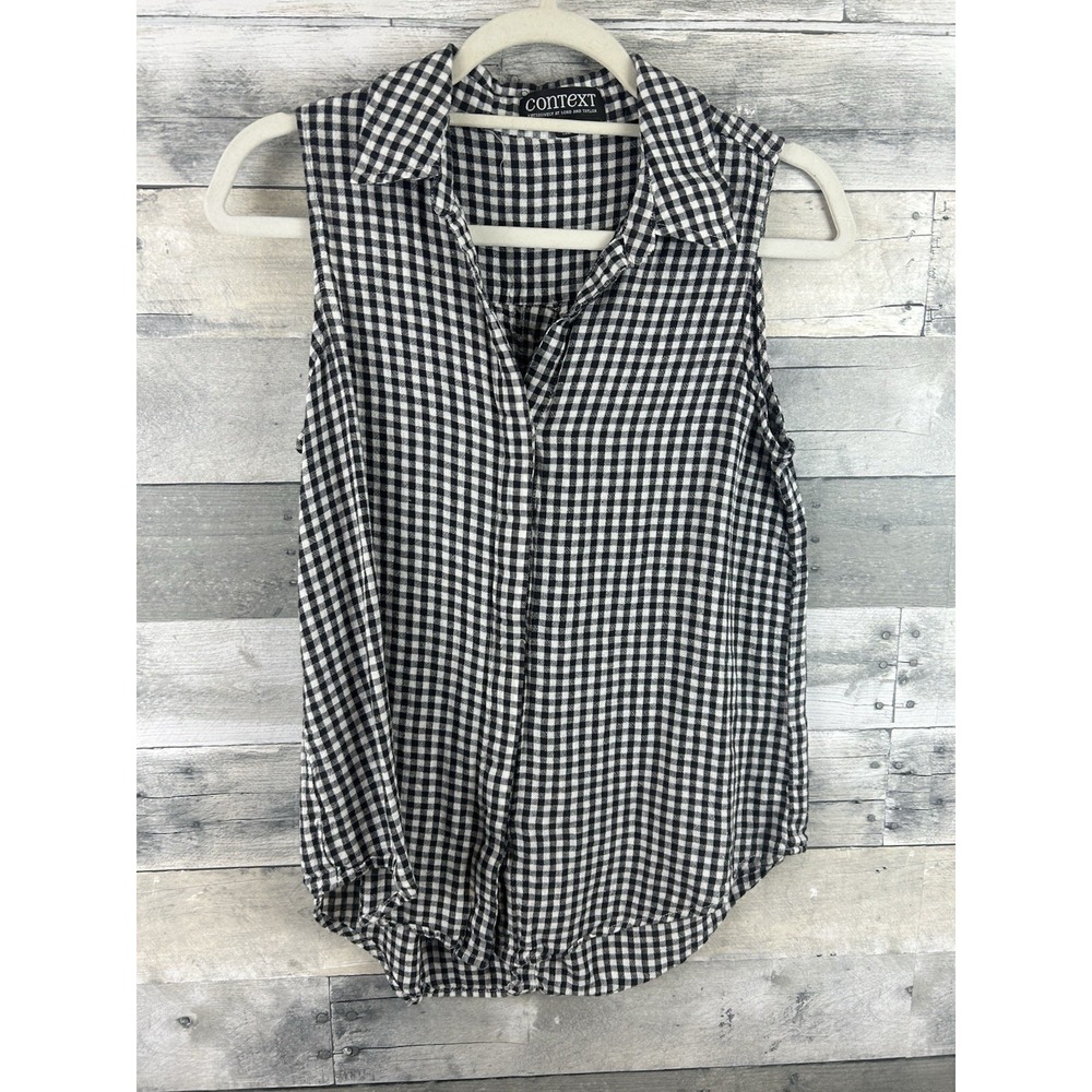 Context Lord & Taylor Medium Black/White Plaid Linen Blend Sleeveless Button Up